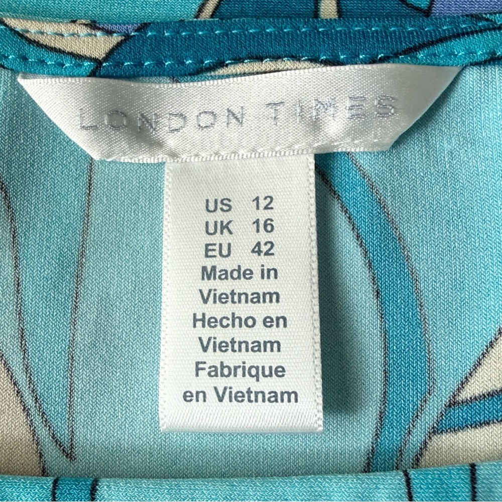 London Times Tie Sleeve Shift Dress Size 12 Coastal Turquoise Print - Picture 9 of 11